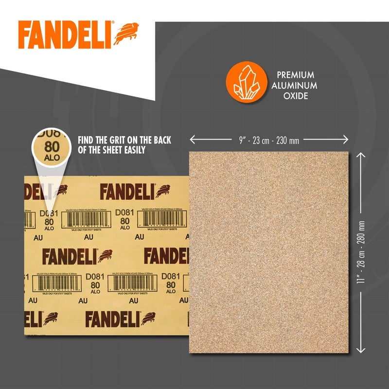 Fandeli | Multi-Purpose Sanding Paper | Assorted Grits (80 120 220) | 50 Sheets of 23 x 28 cm | Perfect for Sanding Metal and Sanding Wood | Hand Sanding | Orbital Sanders. - Image 3